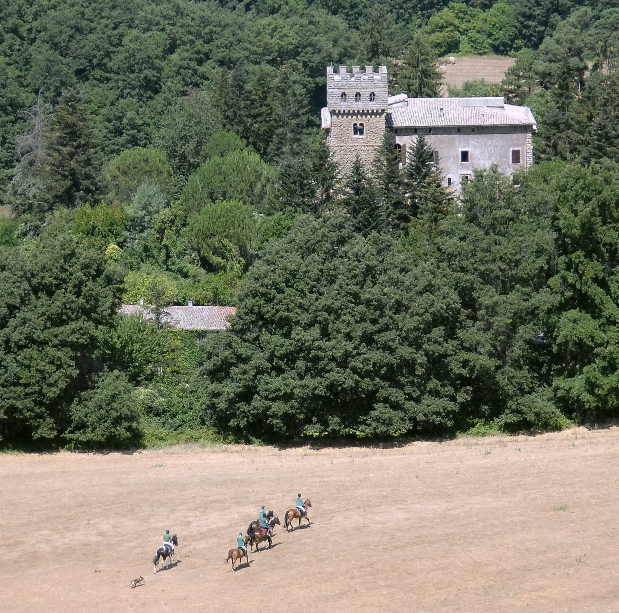 Horse riding near Tuscan castle in the countryside